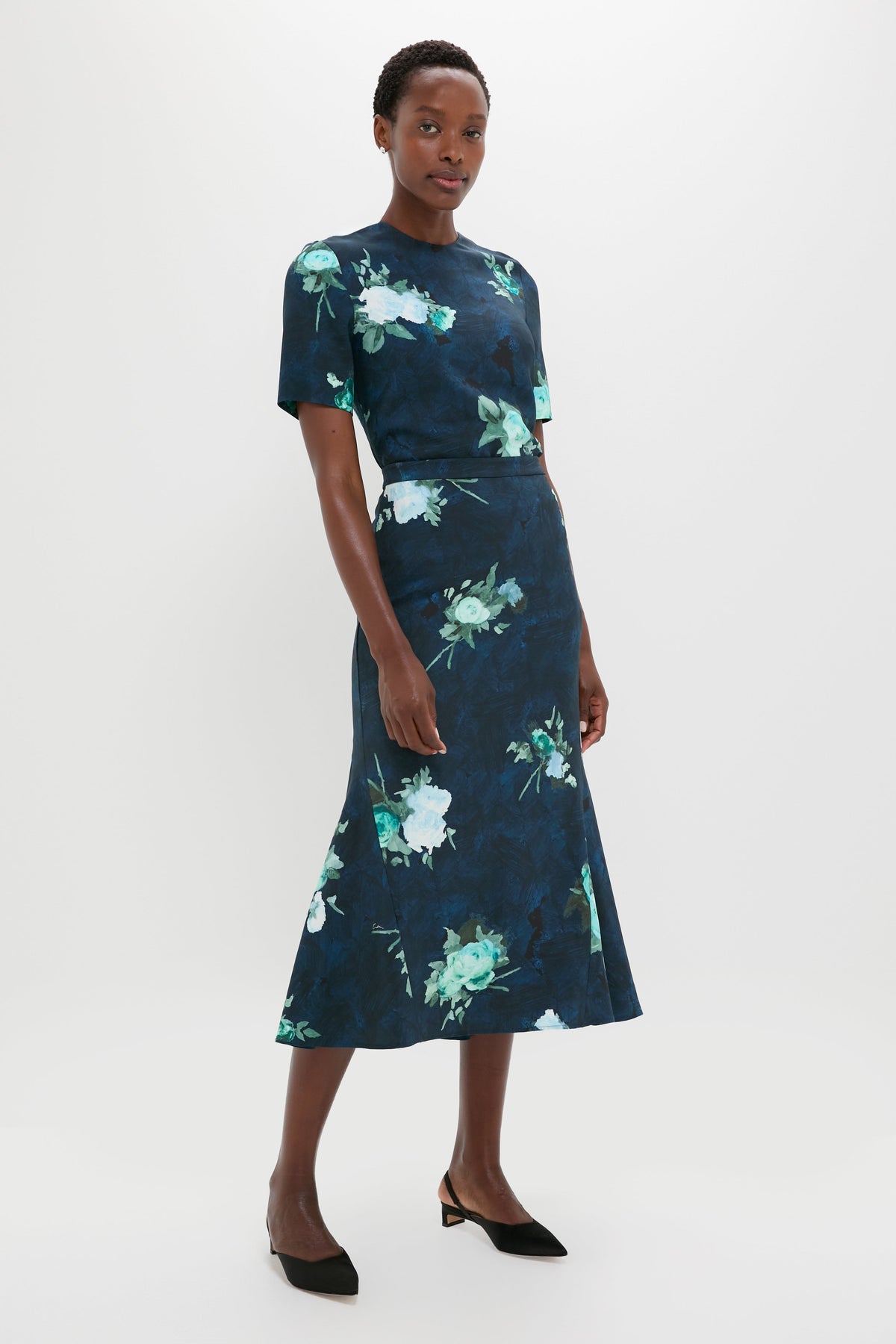 Abstract Rose Navy Fluted Midi Skirt