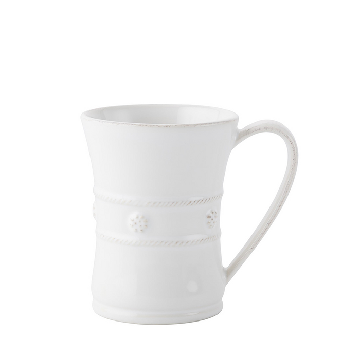 Whitewash ceramic mug with subtle textured bands and delicate embossed dots.