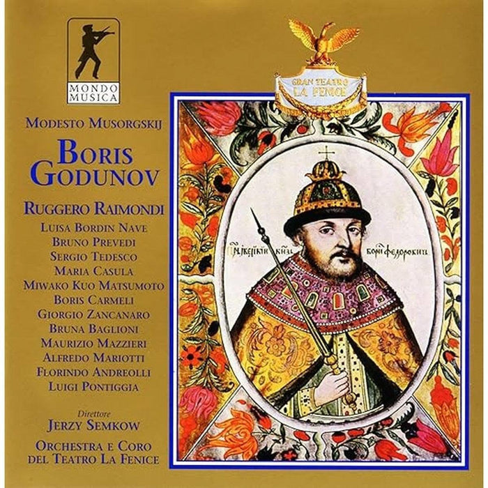 Coffret CD de l'opéra Boris Godounov de Modeste Moussorgski, interprété par Ruggero Raimondi et l'Orchestre du Teatro La Fenice, sous la direction de Jerzy Semkow.