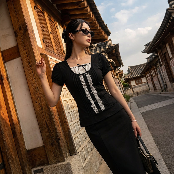T-shirt femme col rond color block noir - Mode Coréenne
