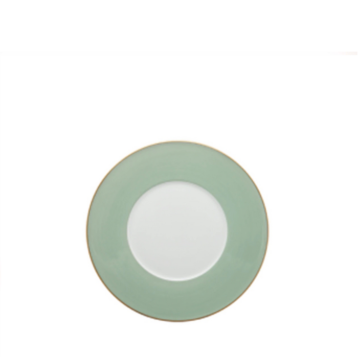 Celadon dessert plate with wide matte green rim and thin gold edge detailing.