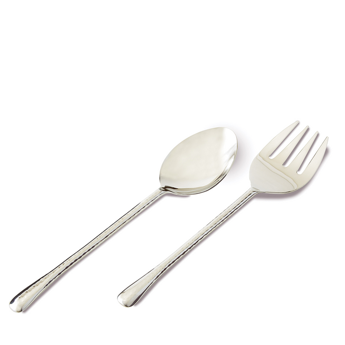 Polished silver salad server set with a spoon and fork featuring simple, elegant handles.