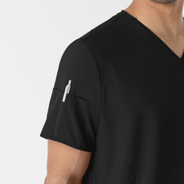 W123 Men's V-Neck Scrub Top Black hemline detail