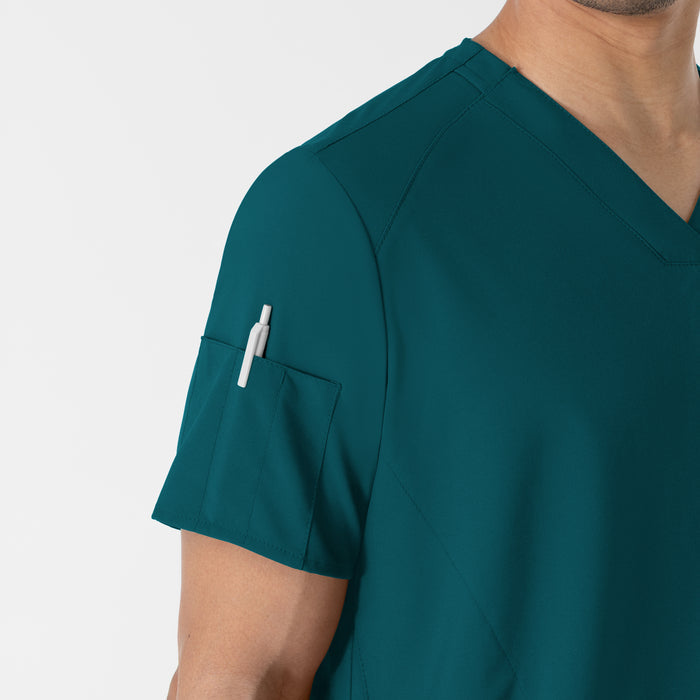 W123 Men's V-Neck Scrub Top Caribbean Blue hemline detail