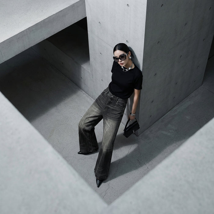 Pantalon jean large délavé noir unisexe - Style streetwear coréen
