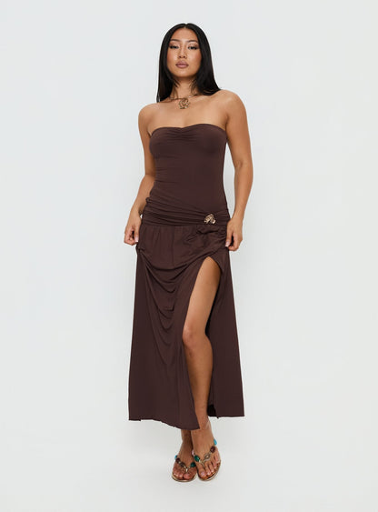 Alexe Strapless Ruched Maxi Dress Chocolate