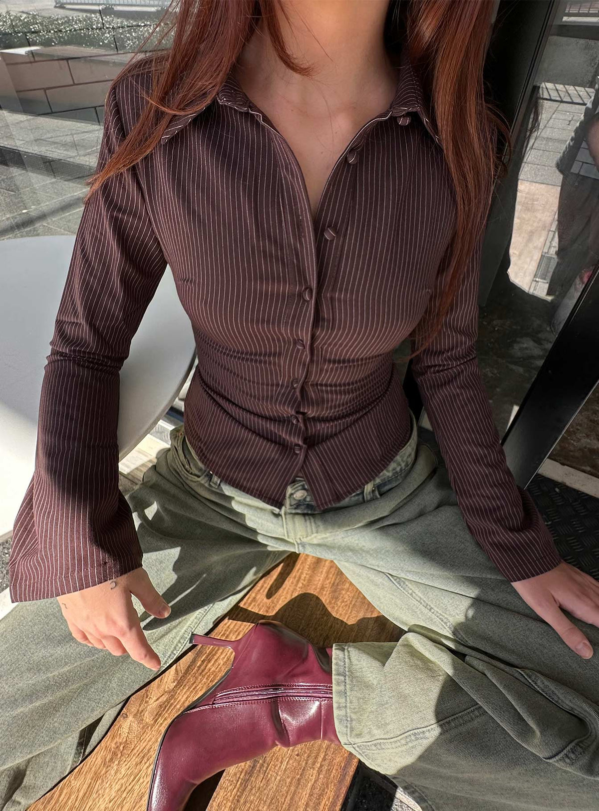 Anni Pinstripe Shirt Brown Petite