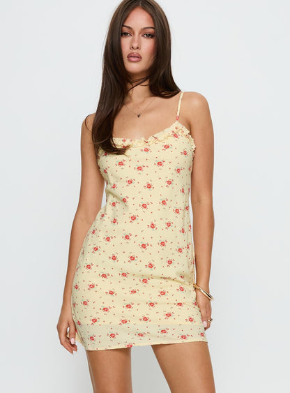 Blossomer Frill Trim Mini Dress Yellow Floral