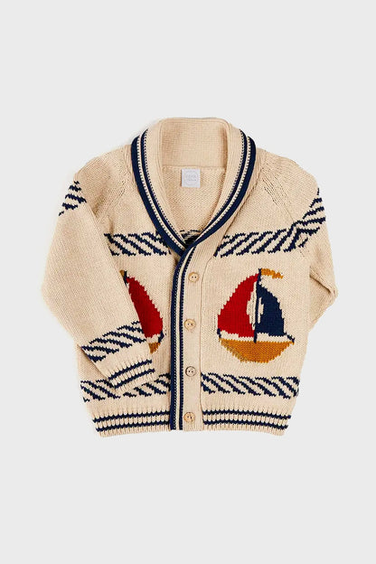 Boat Motif Shawl Neck Nautical Cardigan in Beige