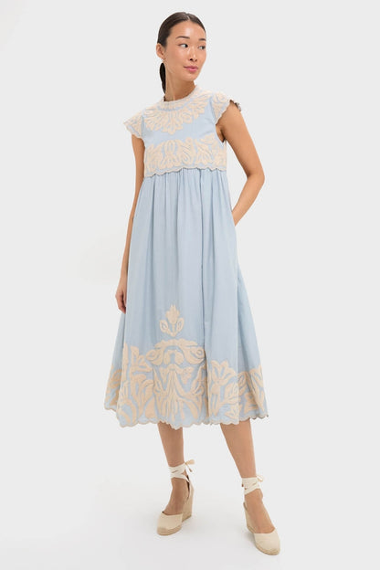 Blue Alexandra Embroidery Cap Sleeve Midi Dress