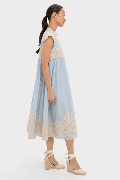 Blue Alexandra Embroidery Cap Sleeve Midi Dress
