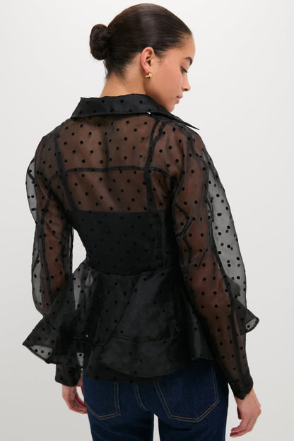 Black Flocked Organza Peplum Shirt