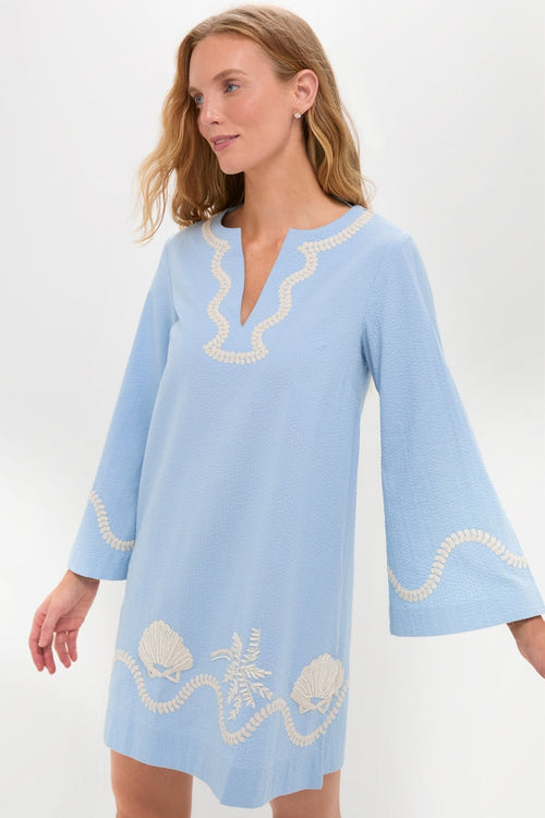 Blue Seersucker Embroidered Marcelle Dress
