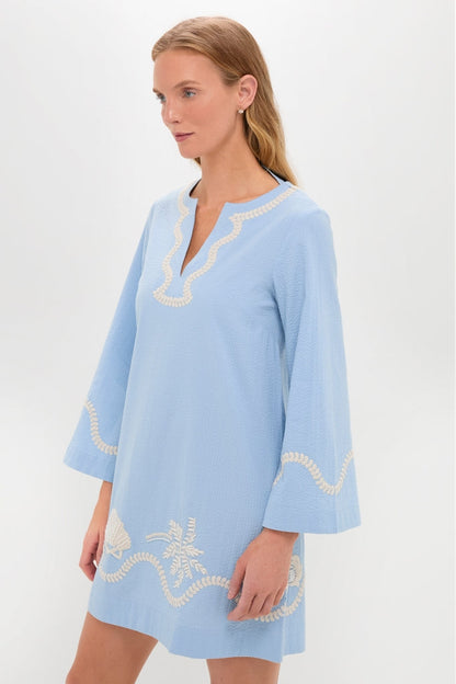 Blue Seersucker Embroidered Marcelle Dress