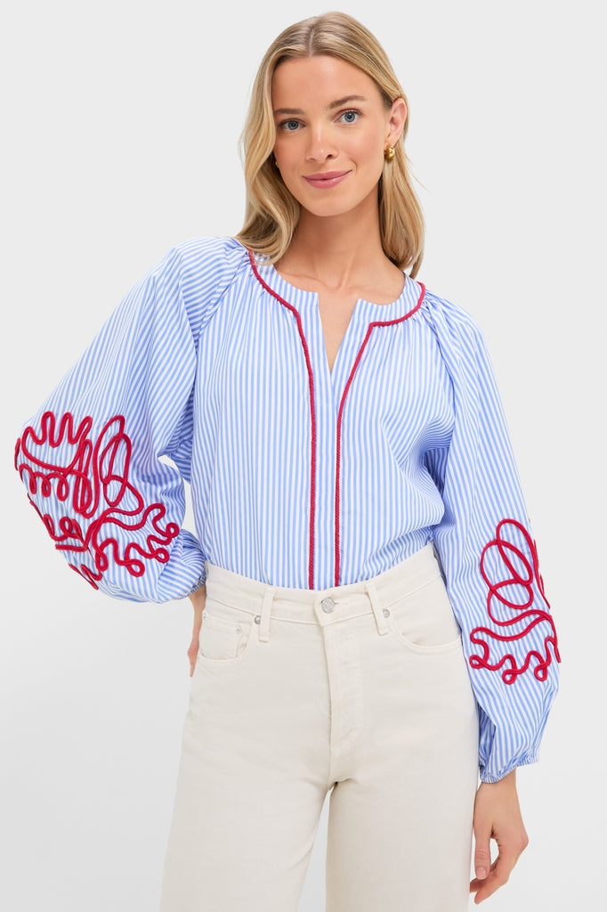 Blue Stripe & Red Soutache Stella Blouse