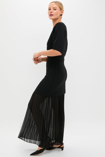 Black Knit Pleated Chiffon Nancy Dress