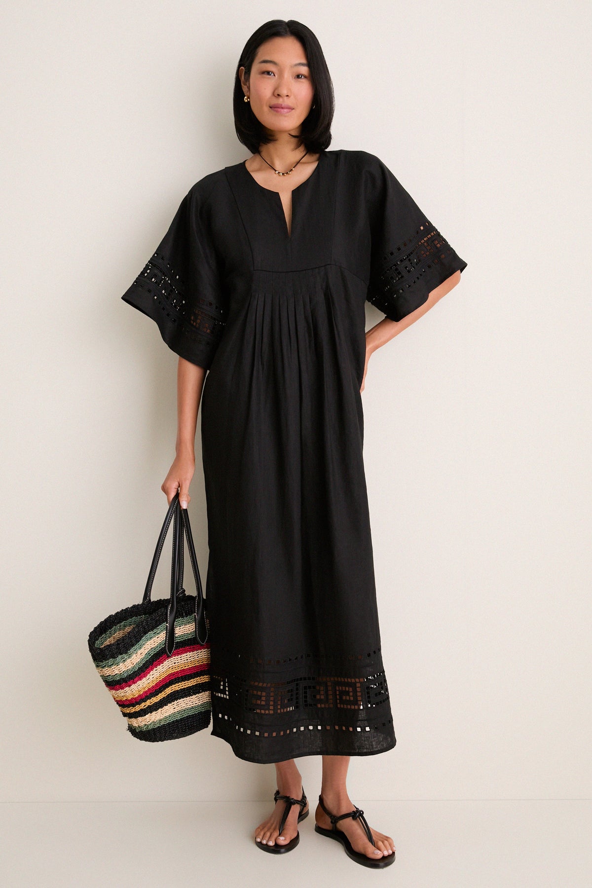 Black Greek Key Embroidered Linen Adrianne Dress