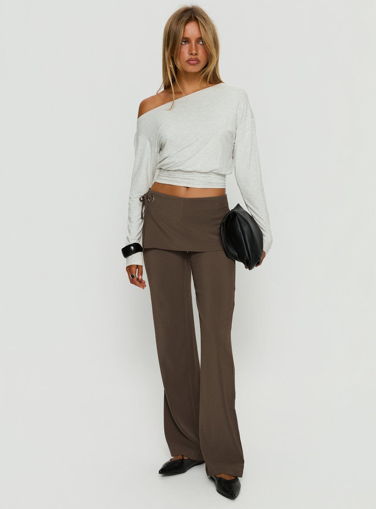Ashlinn Off Shoulder Long Sleeve Drapey Top Grey Marle