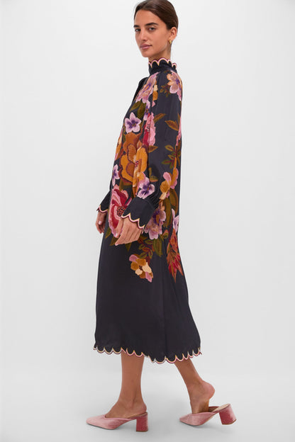 Black Chenille Flowers Midi Dress