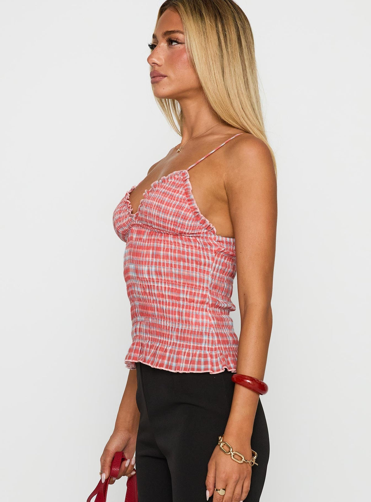 A Girl So Pretty Ruched Top Red Gingham