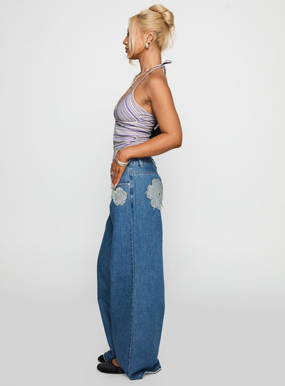 A Keeper Flower Patch Low Rise Wide Leg Jeans Mid Blue