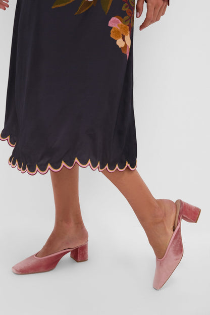 Black Chenille Flowers Midi Dress