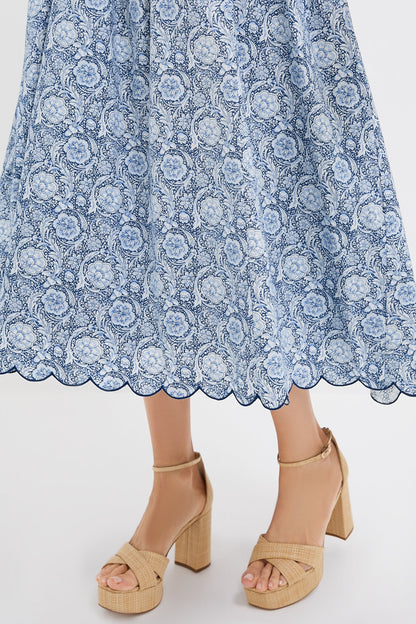 Blue Medallion Floral Estelle Scalloped Dress