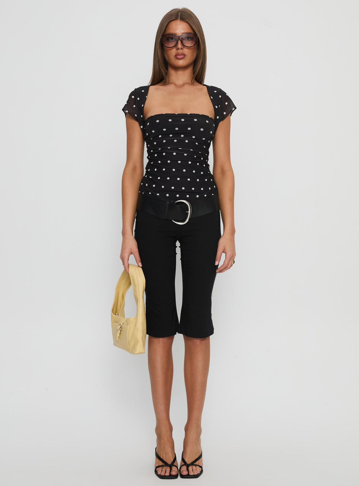 Attraction Cap Sleeve Mesh Top Black Polka