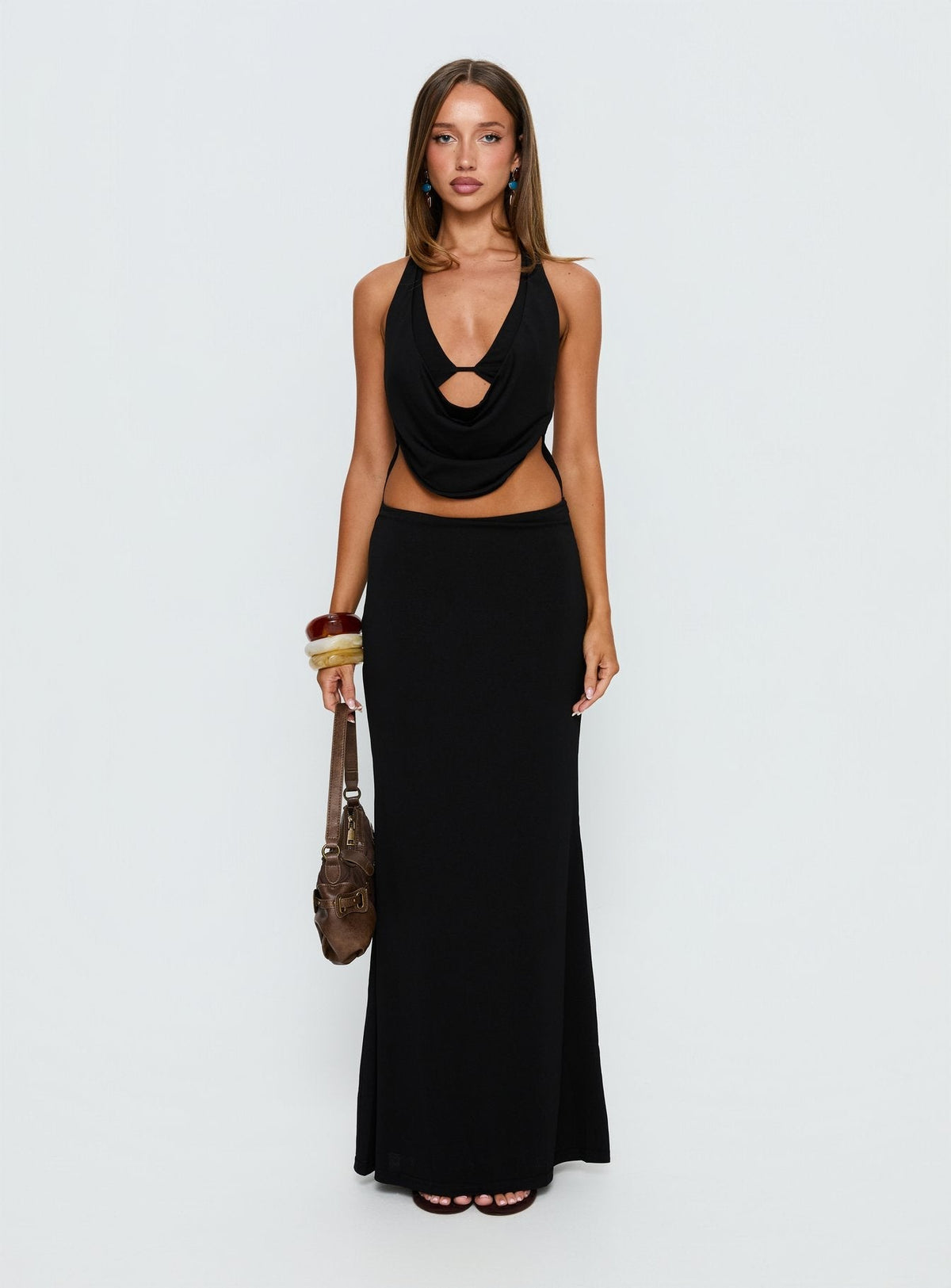 Almira Halter Plunge Maxi Dress Black