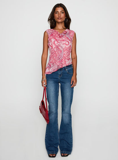 Blame The Rain Cowl Neck Top Pink Paisley