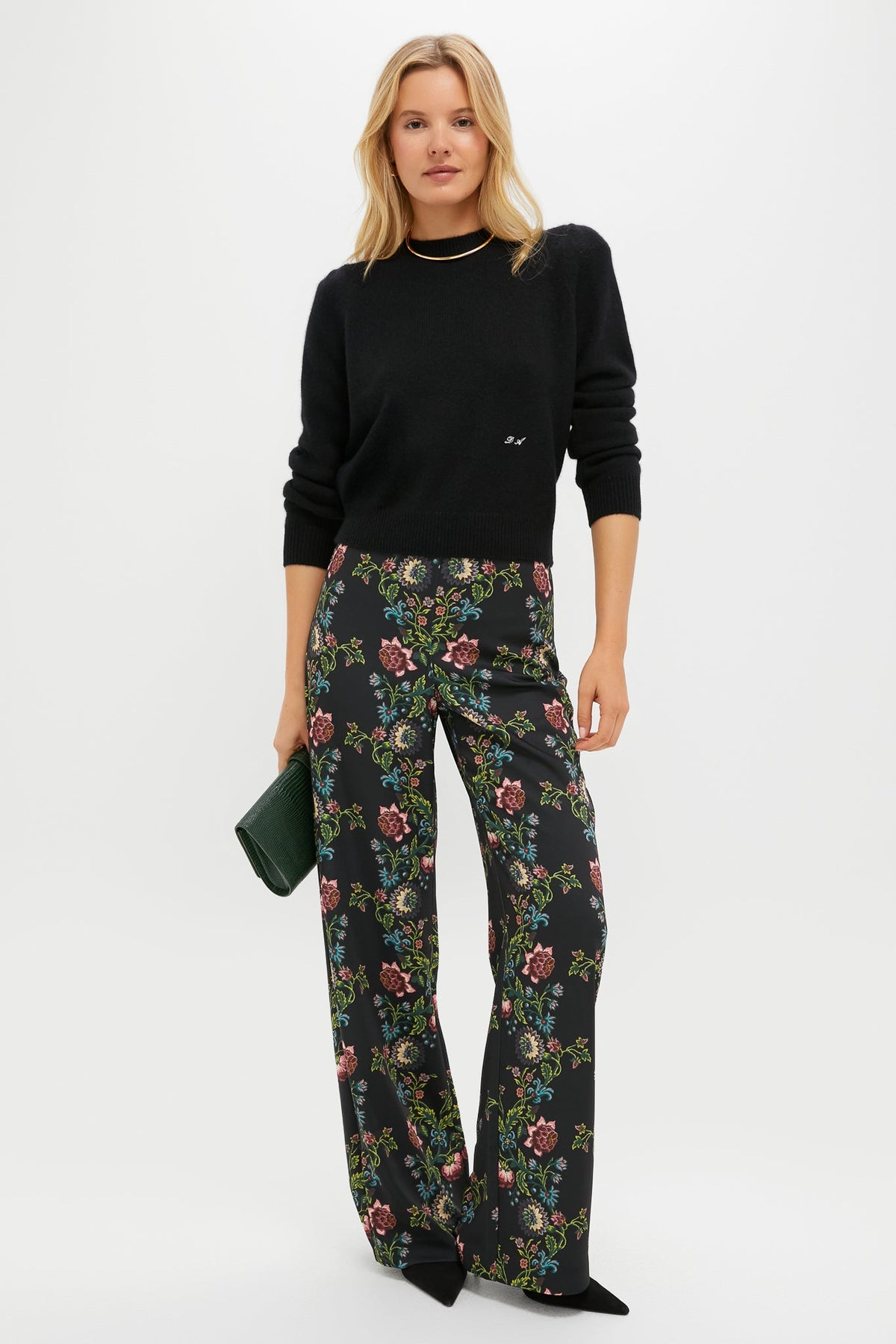 Black Cashmere Puff Sleeve Macy Crewneck Sweater