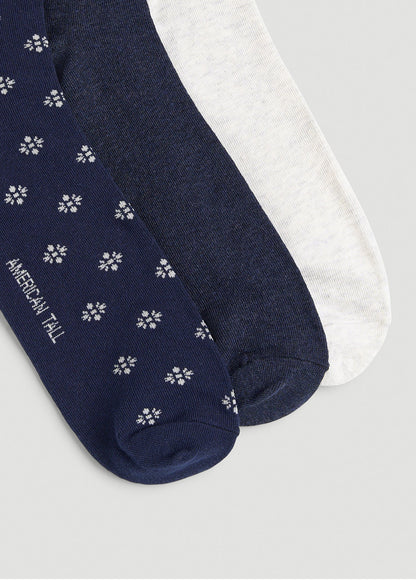 Dress Socks Size 14 to 17 (3-Pack) for Tall Men in Navy/White Sand