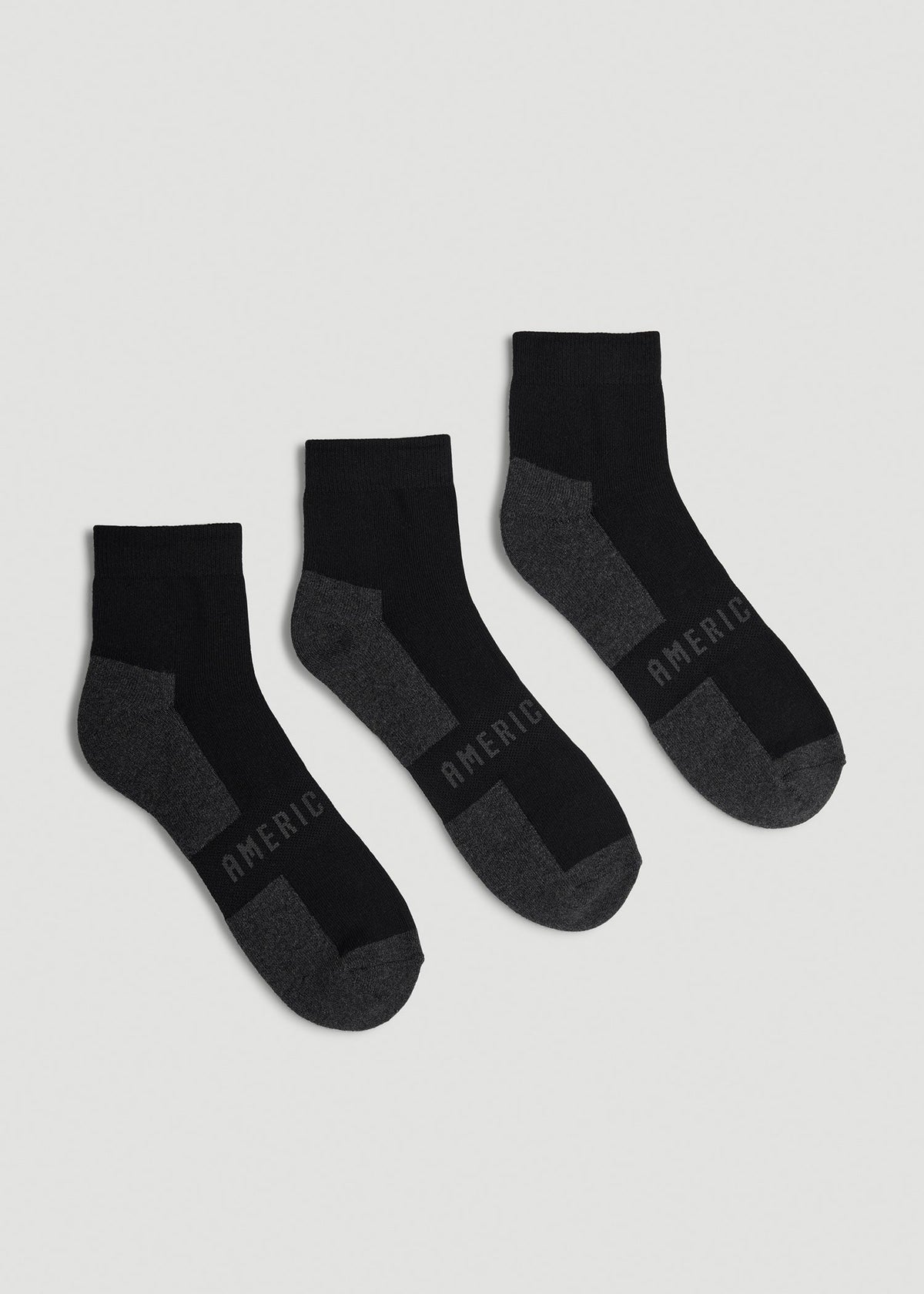 3-Pack Quarter Socks for Tall Men in Black with Grey