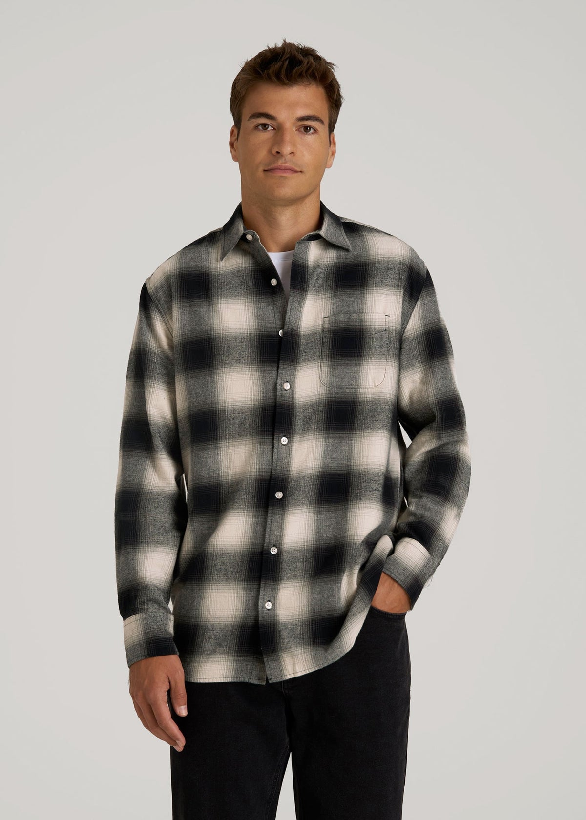 Nelson Flannel Shirt for Tall Men in Beige Blur Plaid