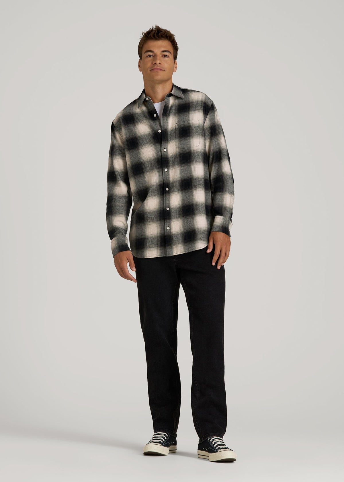 Nelson Flannel Shirt for Tall Men in Beige Blur Plaid