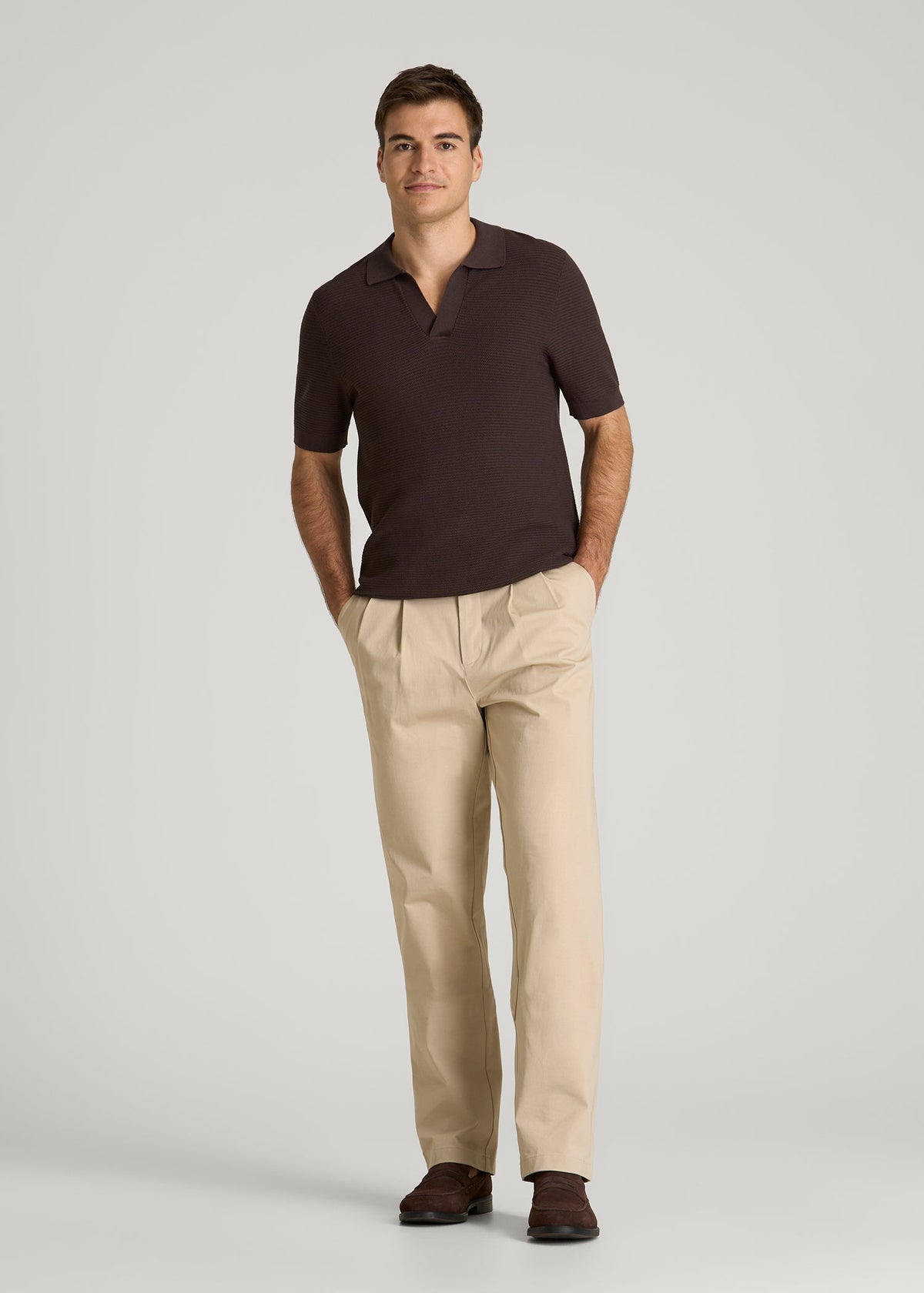 Braided Knit Sweater Polo for Tall Men in Espresso