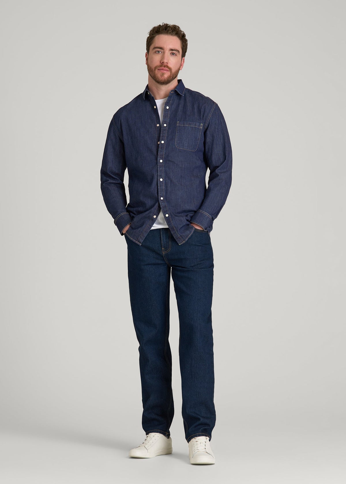 Classic Stretch Denim Shirt for Tall Men in Deep Indigo