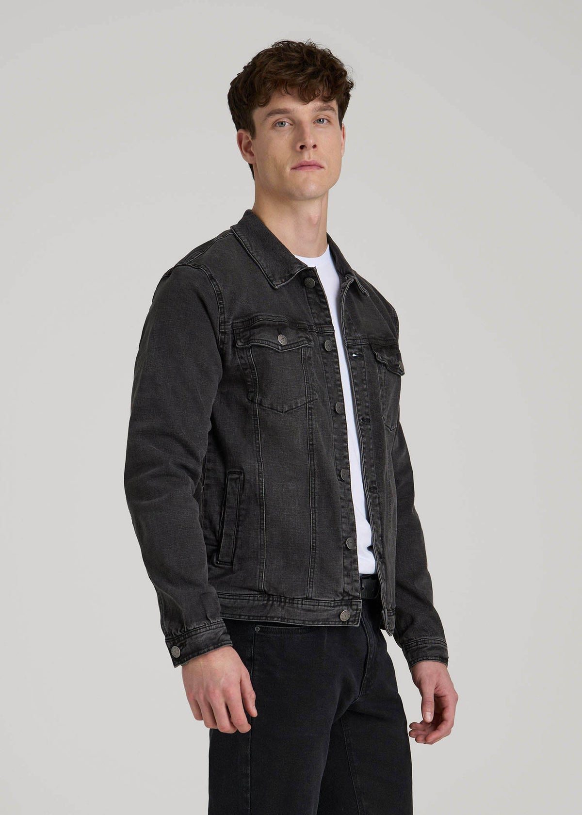Denim Trucker Jacket for Tall Men in Washed Black