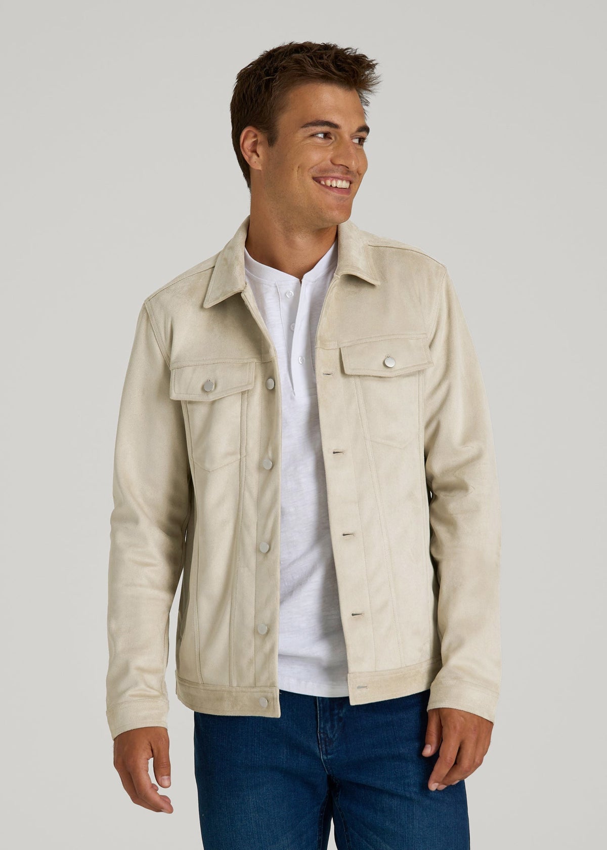 True Touch Suede Trucker Jacket for Tall Men in Overcast