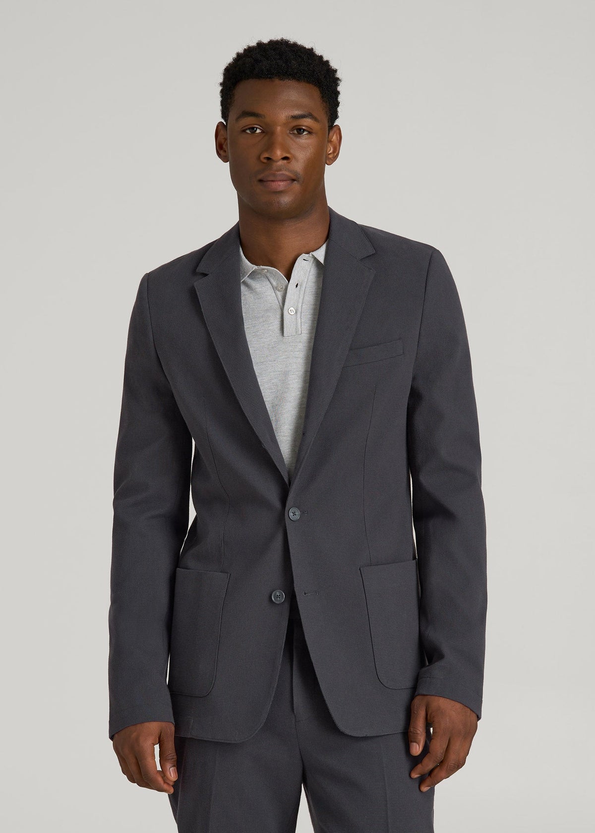 Textured Garment Washed Stretch Cotton Blazer for Tall Men in Iron Grey