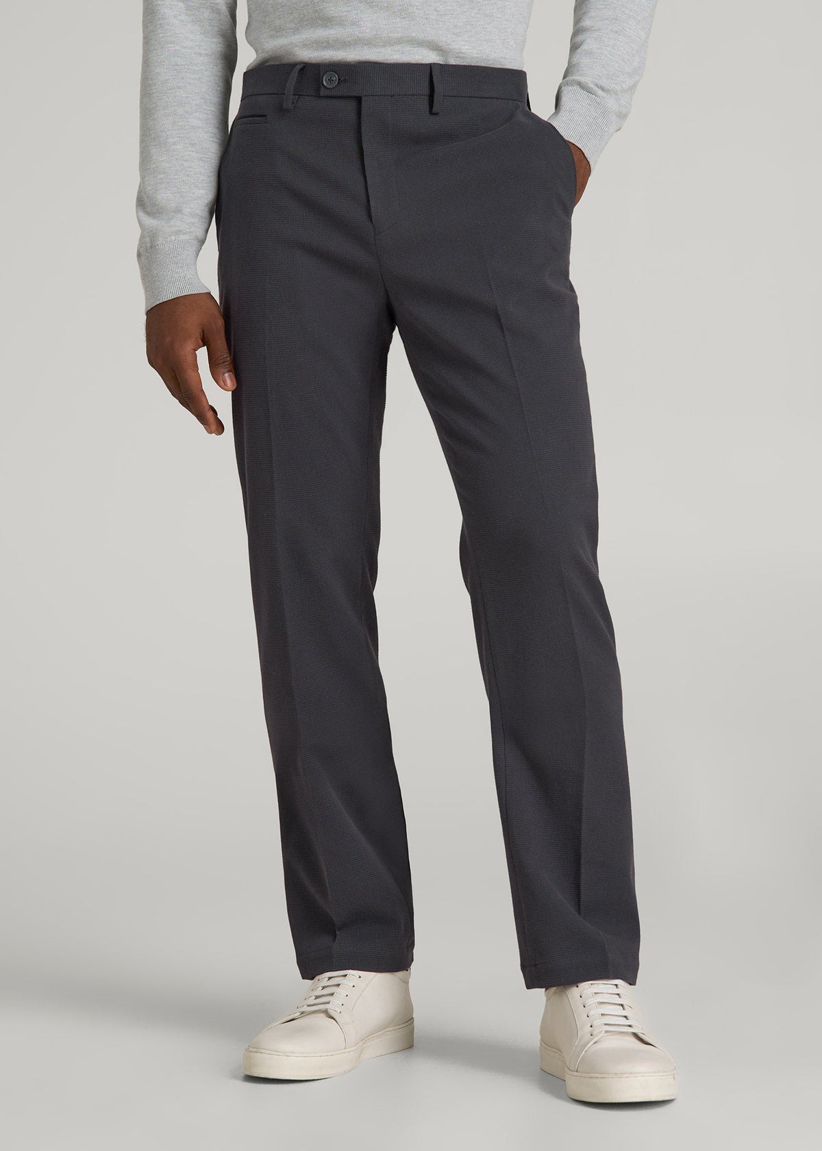 Textured Garment Washed Stretch Cotton Suit Pants for Tall Men in Iron Grey