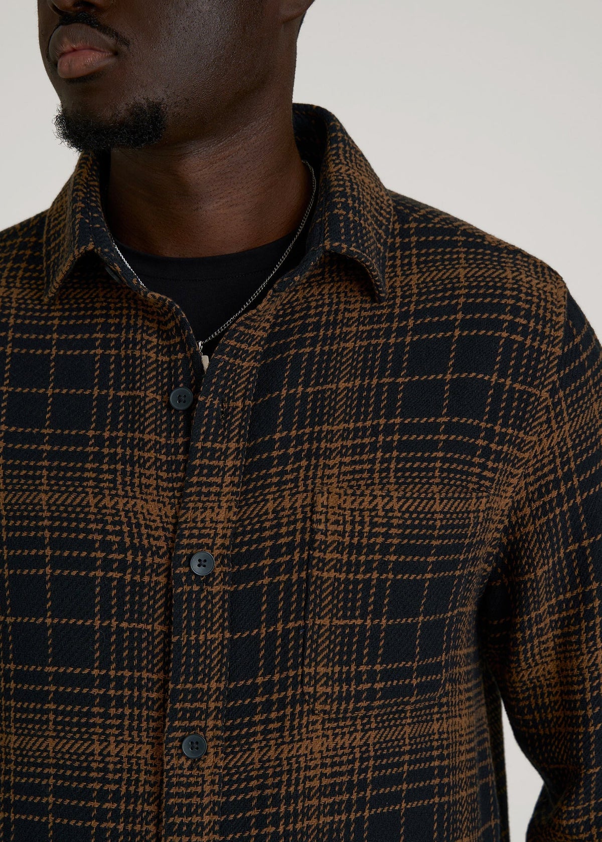Lightweight Woven Overshirt for Tall Men in Black and Caramel Plaid