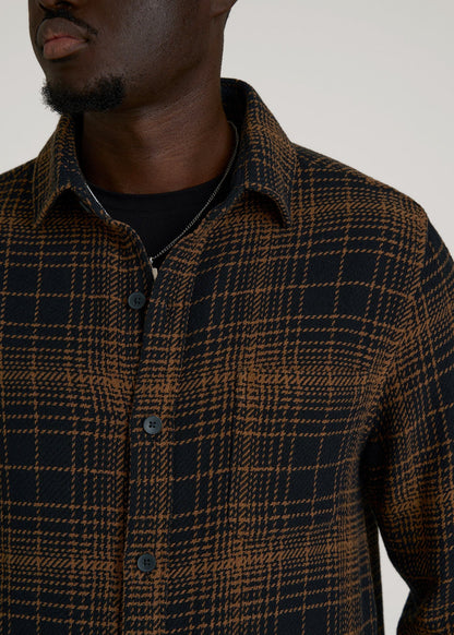 Lightweight Woven Overshirt for Tall Men in Black and Caramel Plaid
