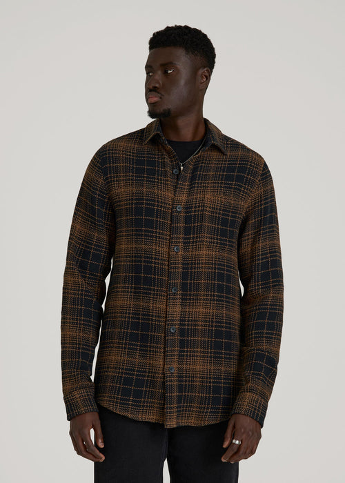 Lightweight Woven Overshirt for Tall Men in Black and Caramel Plaid