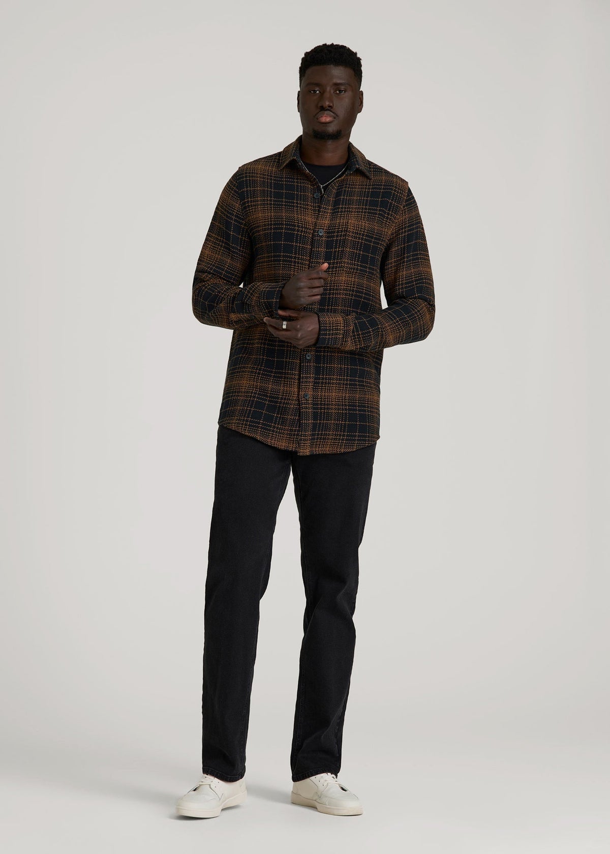 Lightweight Woven Overshirt for Tall Men in Black and Caramel Plaid