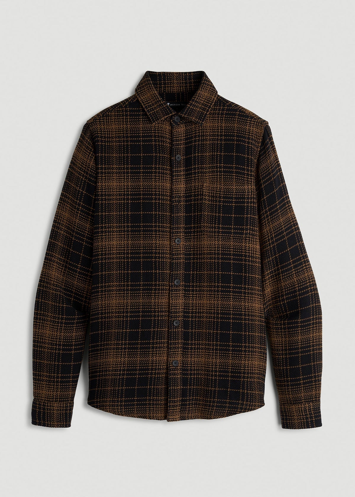 Lightweight Woven Overshirt for Tall Men in Black and Caramel Plaid