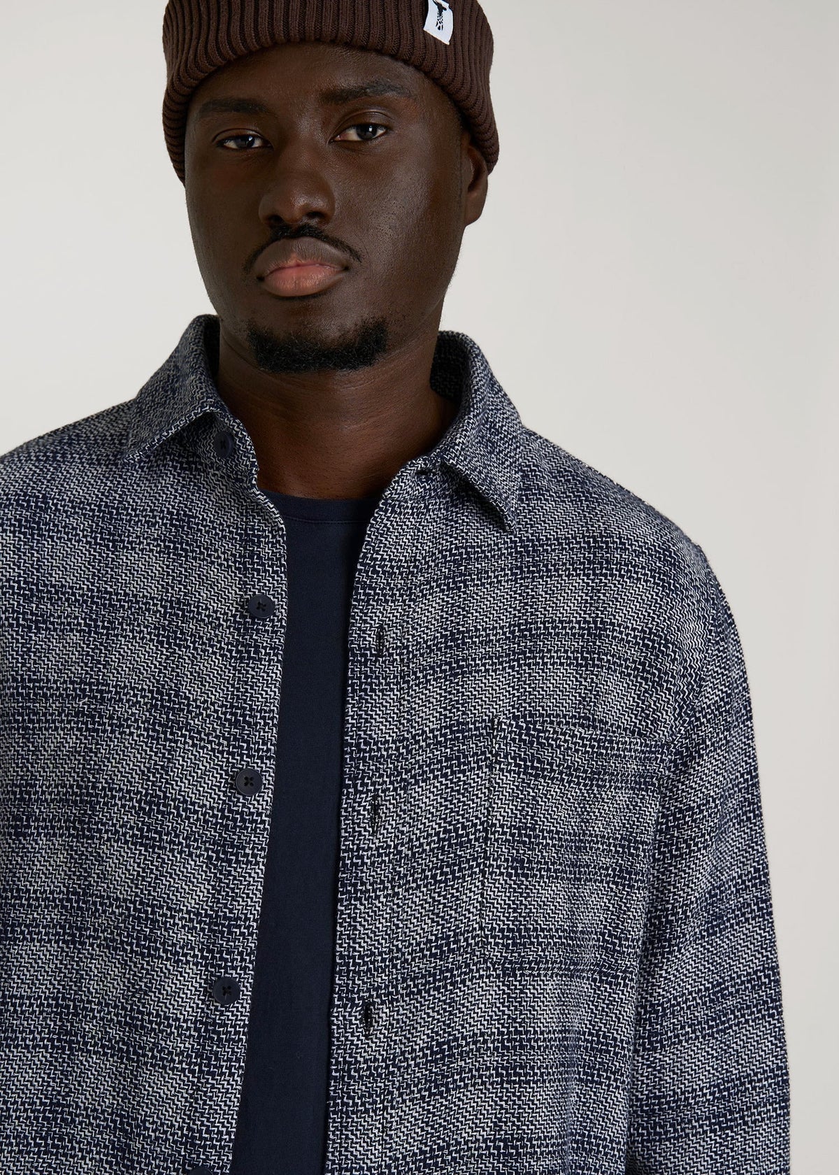 Lightweight Woven Overshirt for Tall Men in Navy Textured Grid