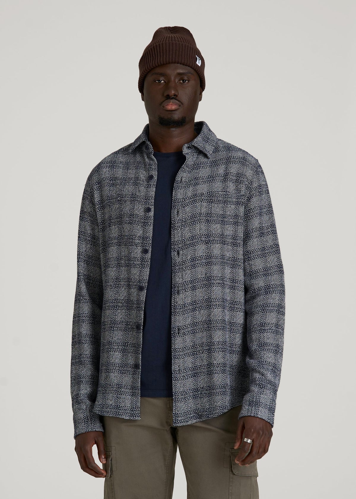 Lightweight Woven Overshirt for Tall Men in Navy Textured Grid