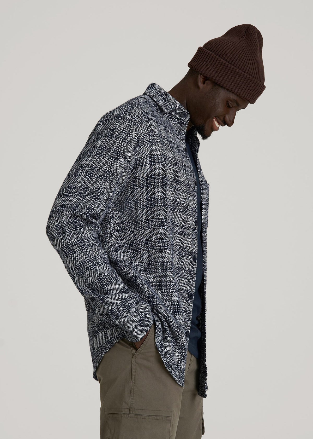 Lightweight Woven Overshirt for Tall Men in Navy Textured Grid