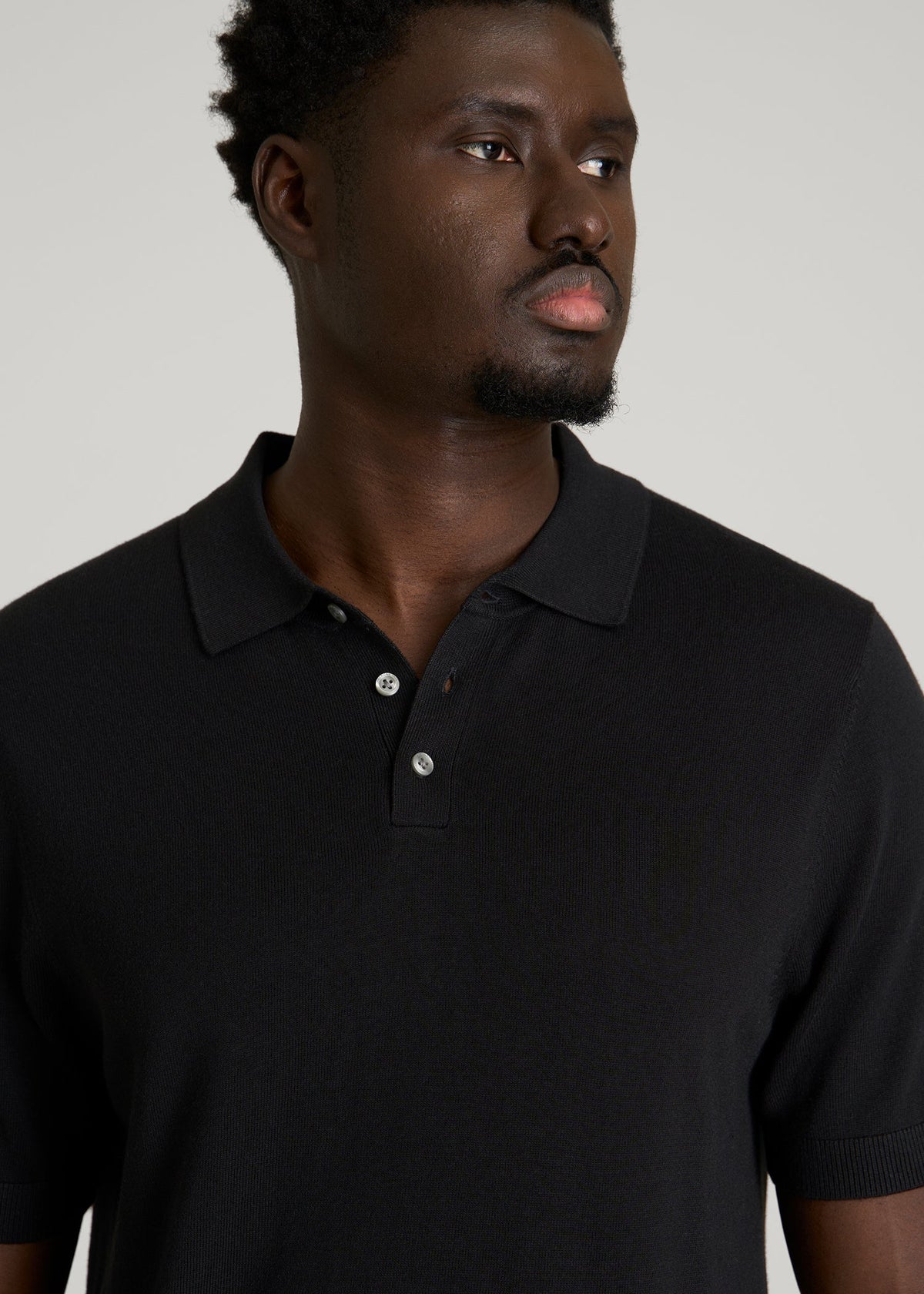 Linen Blend Knit Polo for Tall Men in Black